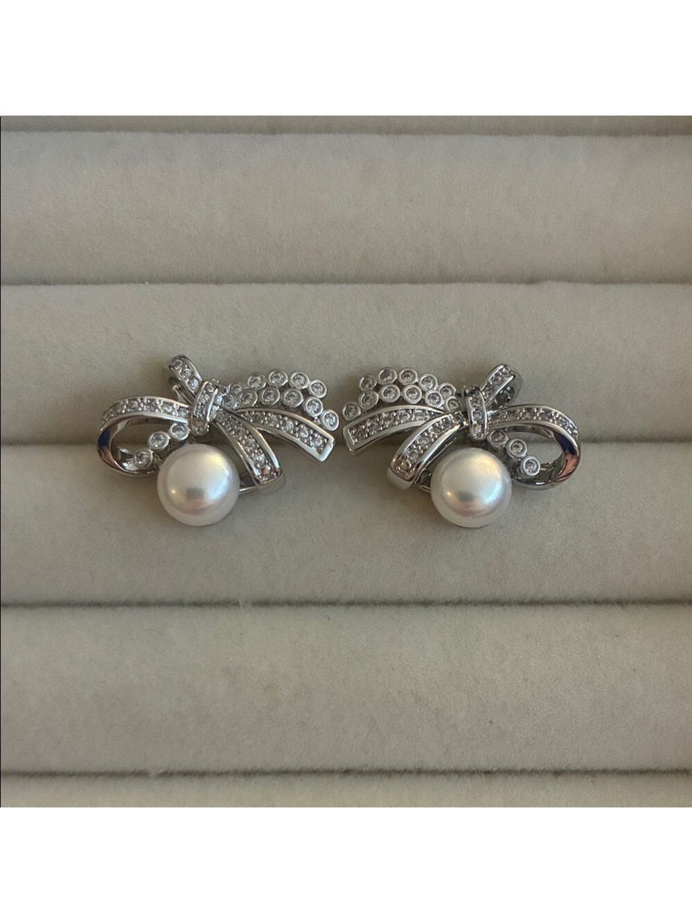 Edgy Bow Pearl Earrings, Gold Filled Crystal Design, High Luster Pearls